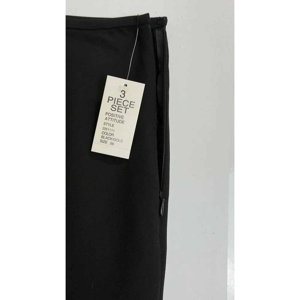 Positive Attitude 3 Piece Pant Suit Set Black Gold Blazer‎ Trousers Top Size 26W